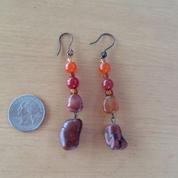Carnelian, jasper & beads necklace & earrings in copper setting - 1980s - Picture 7 of 9